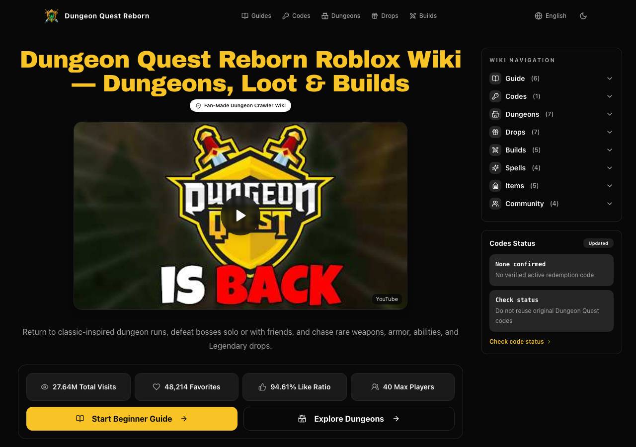 Screenshot of dungeonquestrebornroblox.wiki taken by the zone census on 2026-08-29