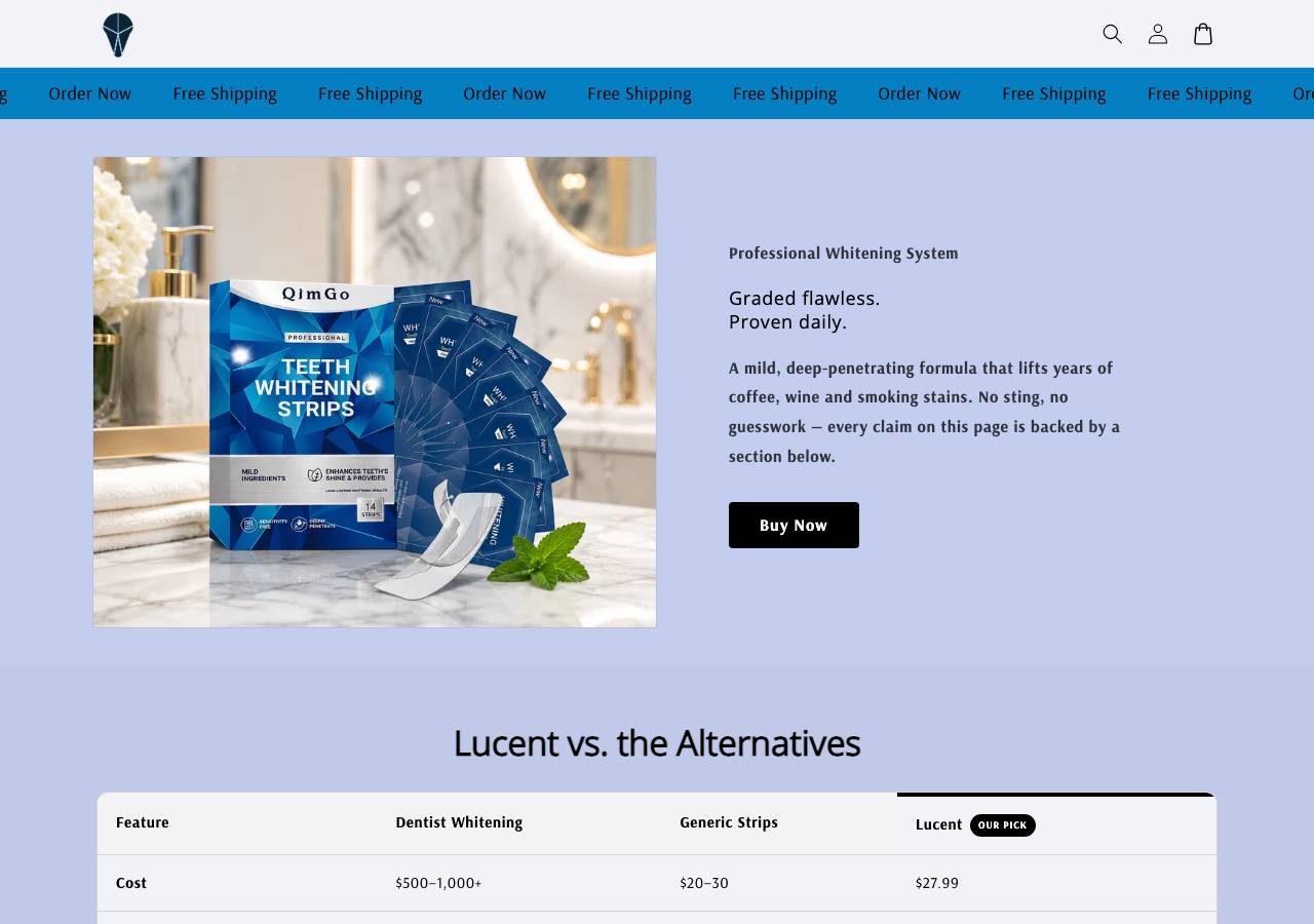 Screenshot of lucent-whitening-strips.store taken by the zone census on 2026-08-29