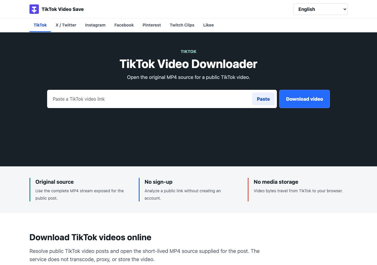 Screenshot of tiktokvideosave.com taken by the zone census on 2026-09-01