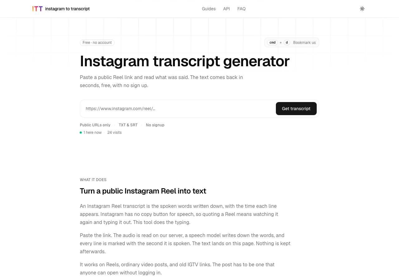 Screenshot of instagramtotranscript.com taken by the zone census on 2026-09-02