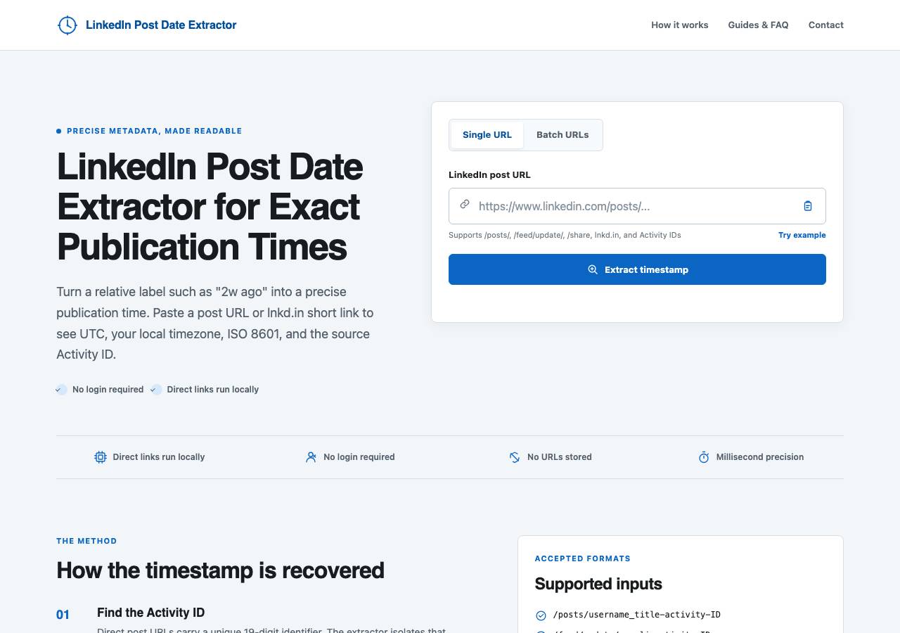 Screenshot of linkedinpostdateextractor.com taken by the zone census on 2026-09-02