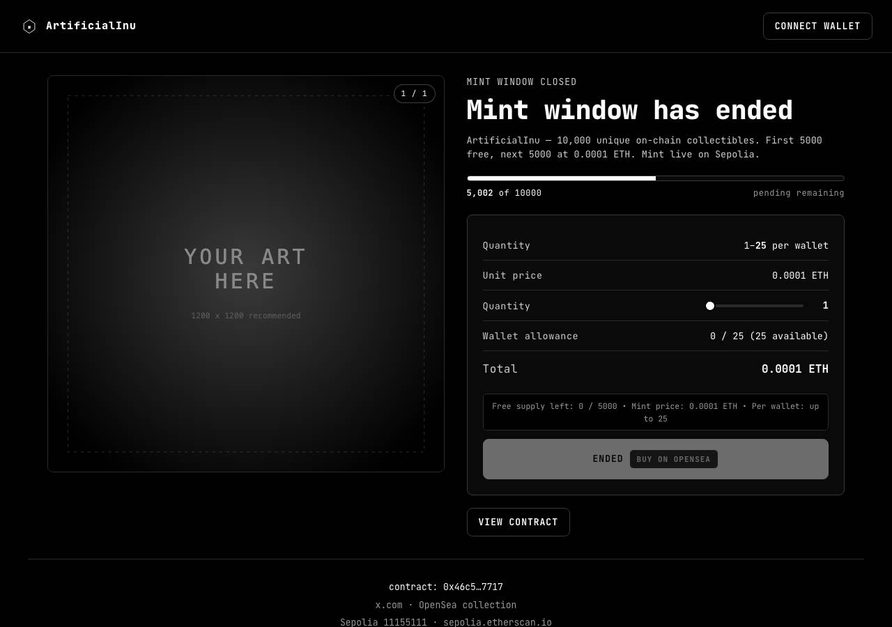 Screenshot of artificialinu.store taken by the zone census on 2026-09-04