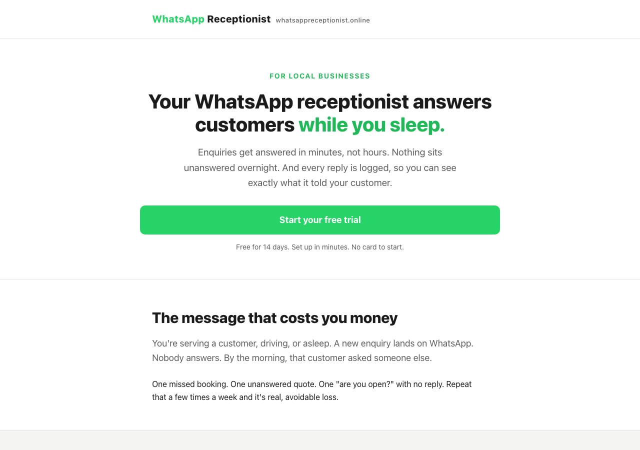 Screenshot of whatsappreceptionist.online taken by the zone census on 2026-09-05