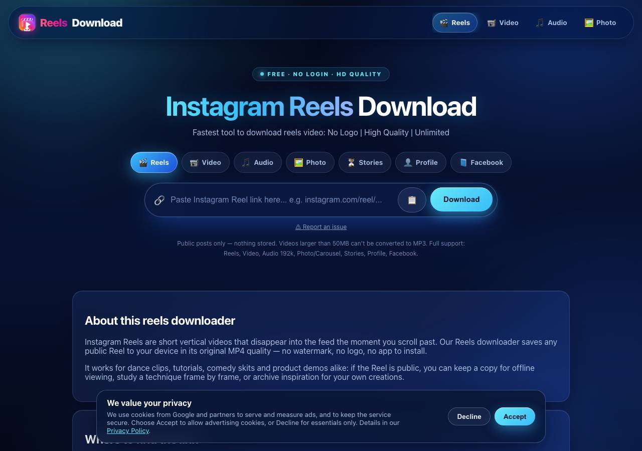 Screenshot of reelsdownload.cyou taken by the zone census on 2026-09-06