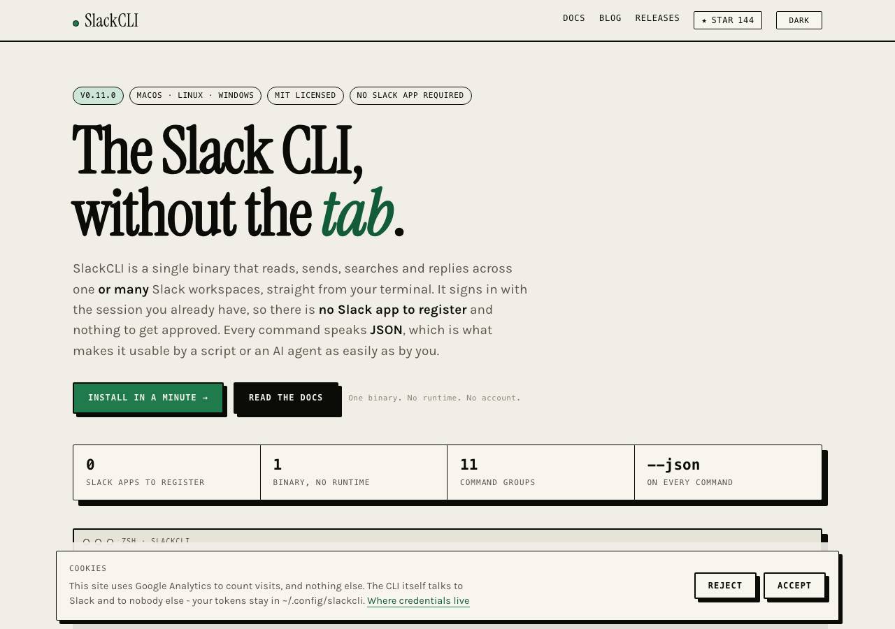 Screenshot of slackcli.dev taken by the zone census on 2026-09-06