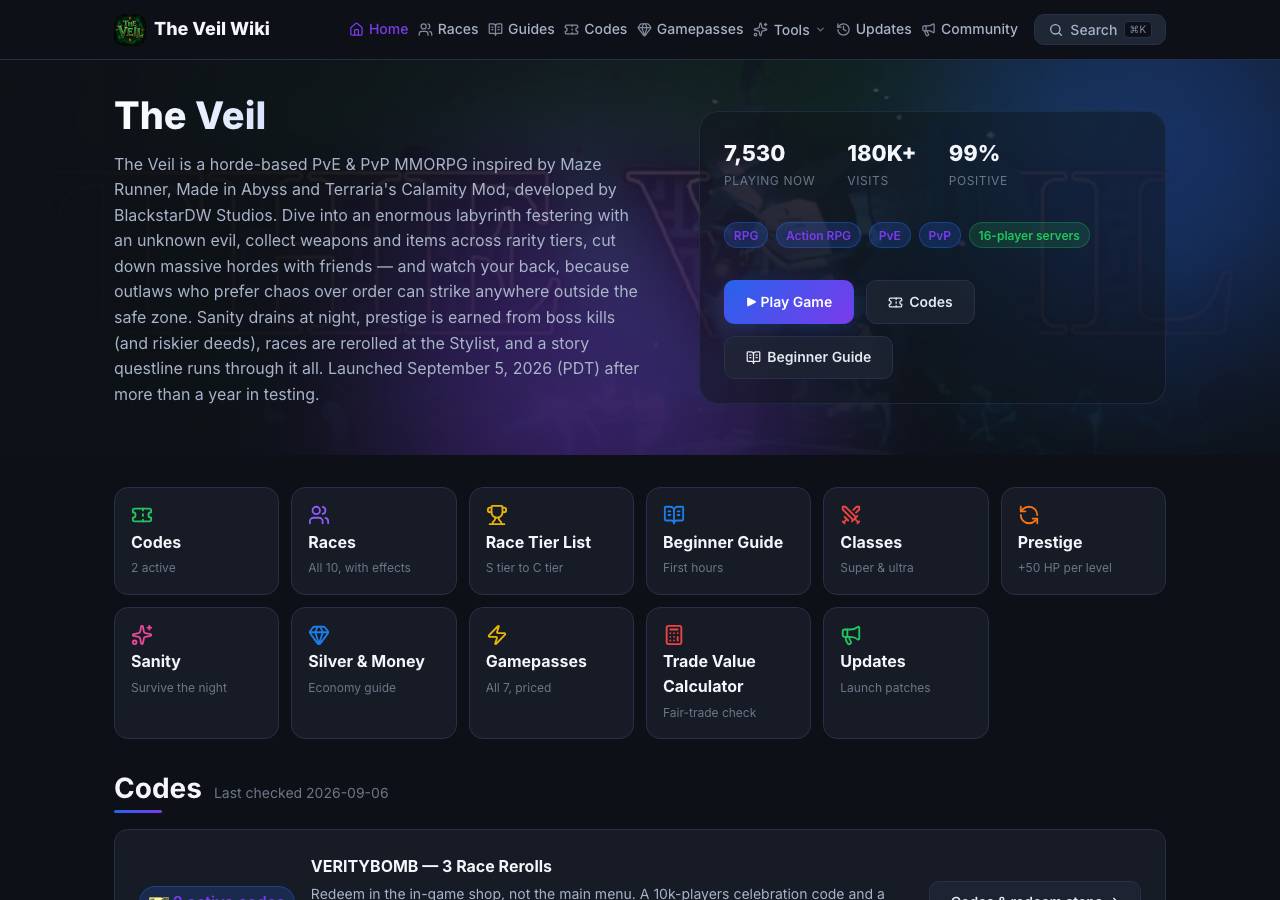 Screenshot of theveilroblox.wiki taken by the zone census on 2026-09-06