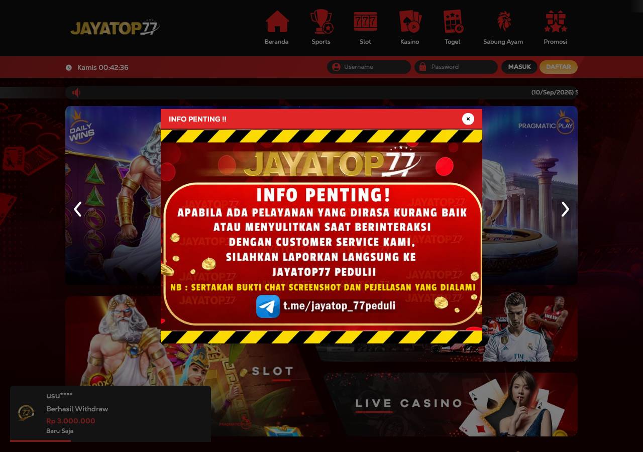 Screenshot of jayatop77jaya.com taken by the zone census on 2026-09-09