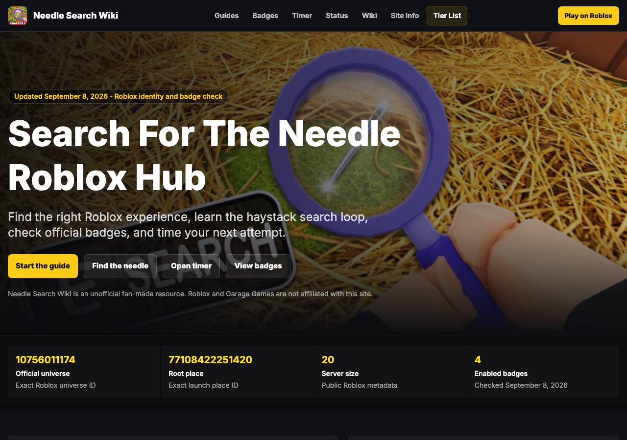 Screenshot of needleinahaystackroblox.wiki taken by the zone census on 2026-09-09