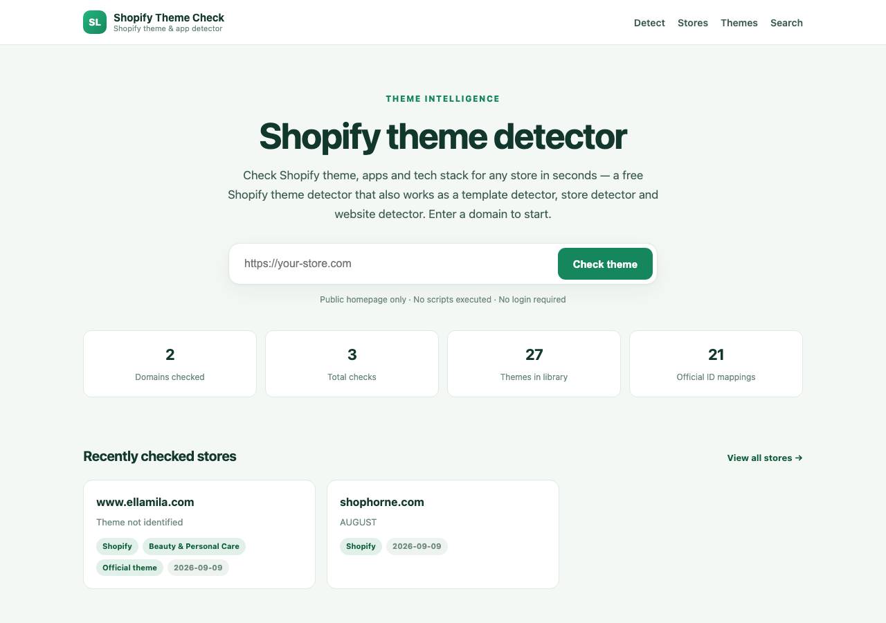 Screenshot of shopifythemecheck.com taken by the zone census on 2026-09-09