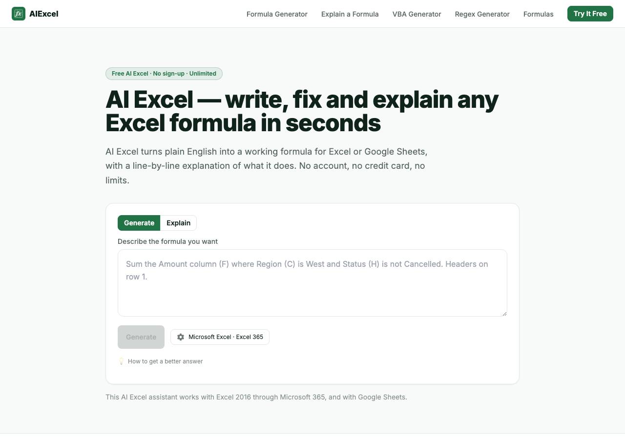 Screenshot of aiexcel.pro taken by the zone census on 2026-09-17