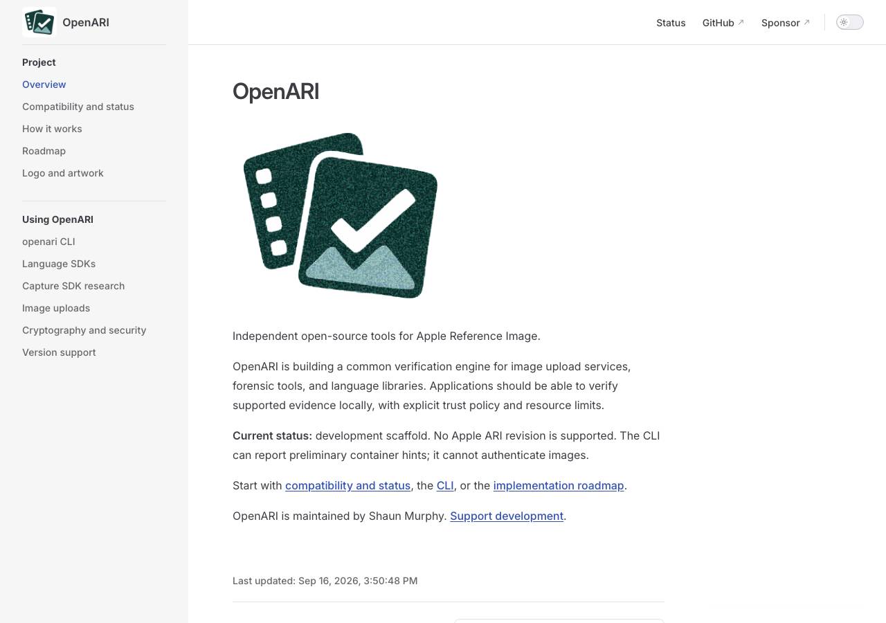 Screenshot of openari.org taken by the zone census on 2026-09-17