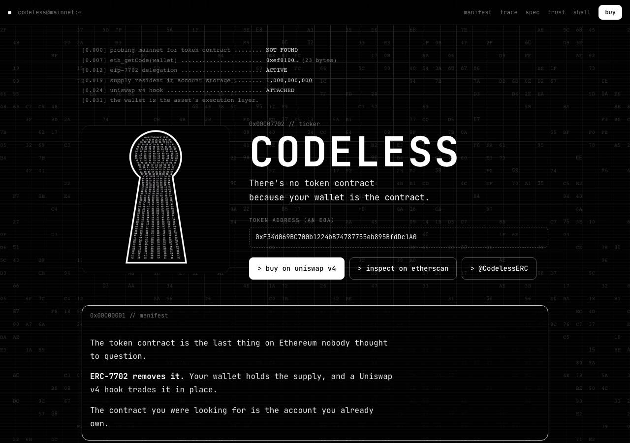 Screenshot of codelesstoken.xyz taken by the zone census on 2026-09-18