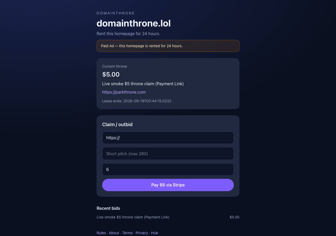 Screenshot of domainthrone.lol taken by the zone census on 2026-09-18