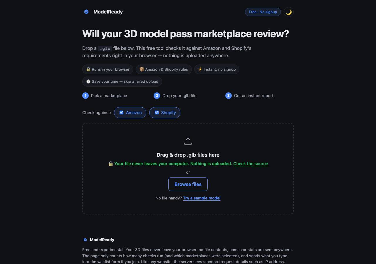 Screenshot of modelready.click taken by the zone census on 2026-09-18