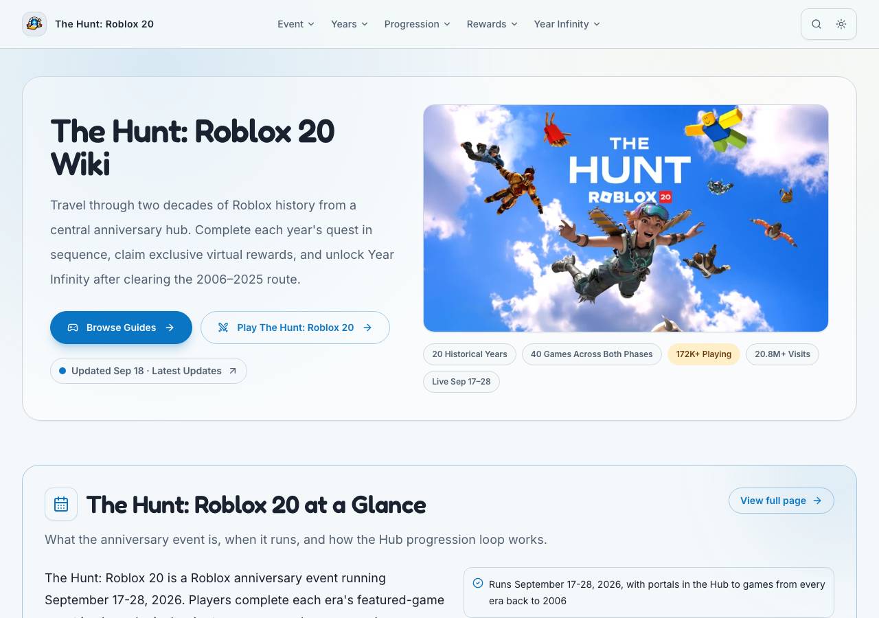 Screenshot of thehuntroblox20.wiki taken by the zone census on 2026-09-18