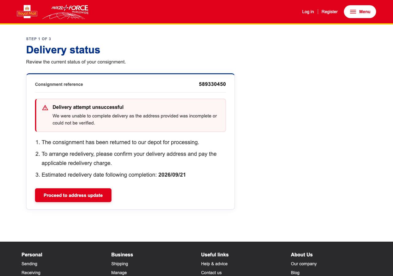 Screenshot of royalmail.work taken by the zone census on 2026-09-19