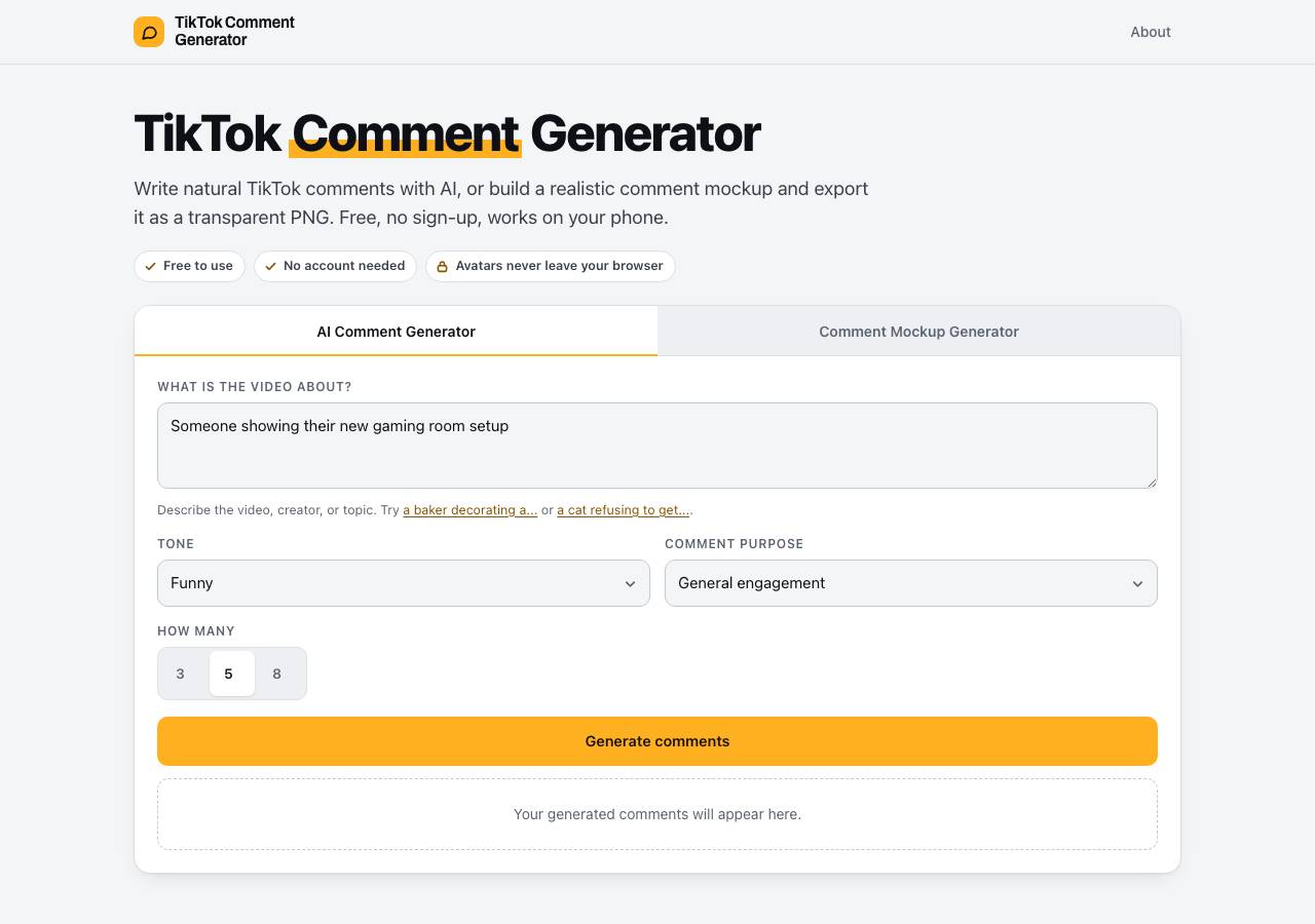 Screenshot of tiktok-comment-generator.net taken by the zone census on 2026-09-19