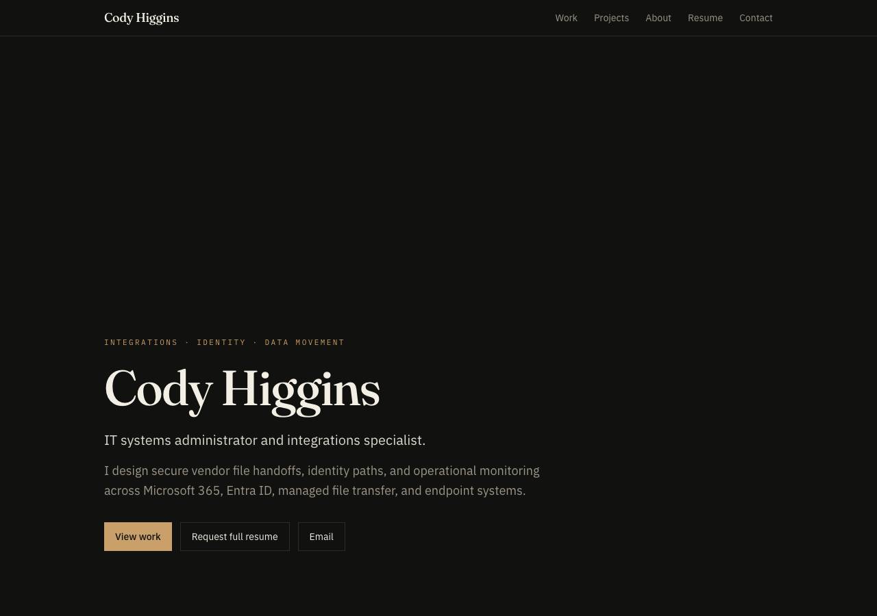 Screenshot of codyhiggins.dev taken by the zone census on 2026-09-20