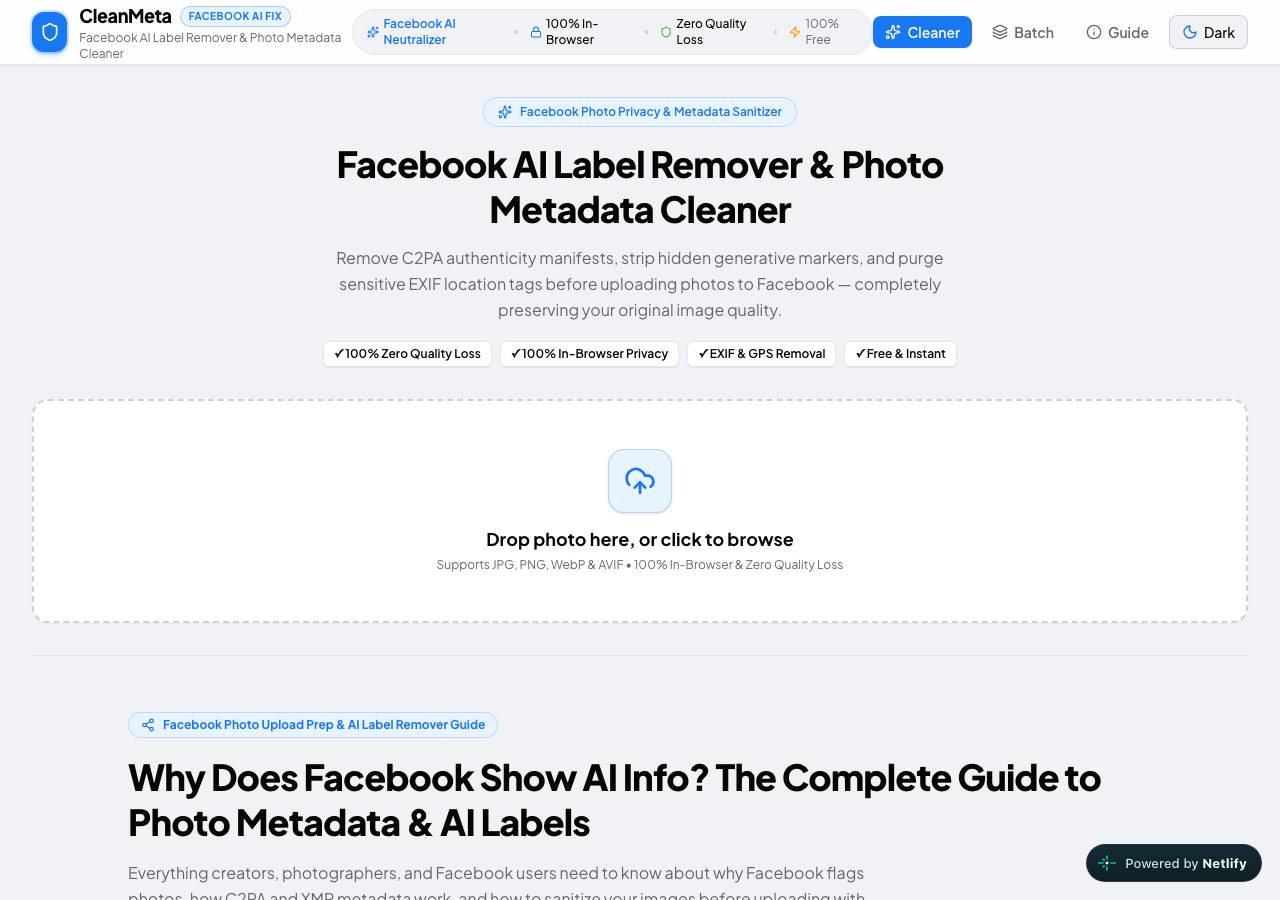 Screenshot of facebookailabelremover.com taken by the zone census on 2026-09-20
