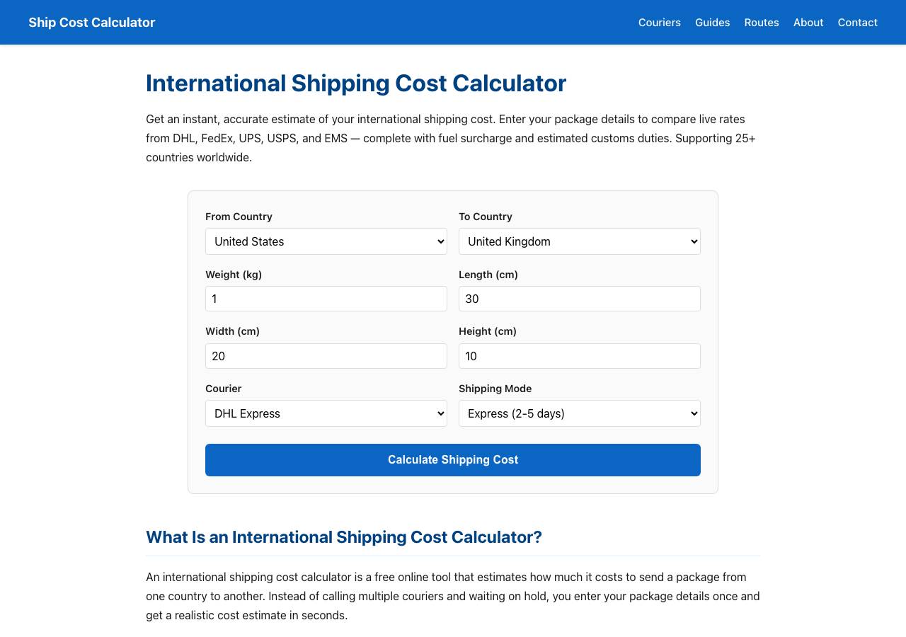 Screenshot of shipcostcalculator.com taken by the zone census on 2026-09-20