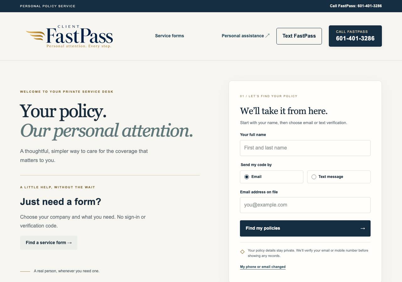 Screenshot of fastpass.insure taken by the zone census on 2026-09-25