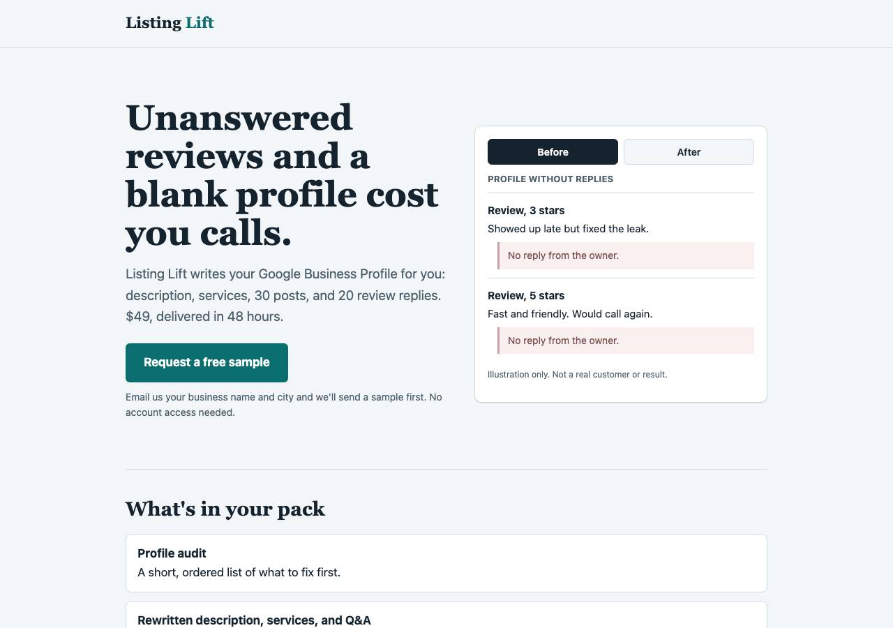 Screenshot of locallistinglift.com taken by the zone census on 2026-10-10