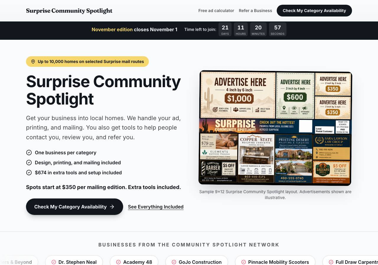 Screenshot of surprisecommunityspotlight.com taken by the zone census on 2026-10-10