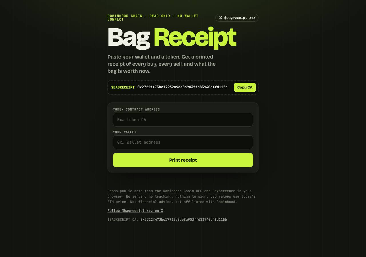 Screenshot of bagreceipt.xyz taken by the zone census on 2026-10-13