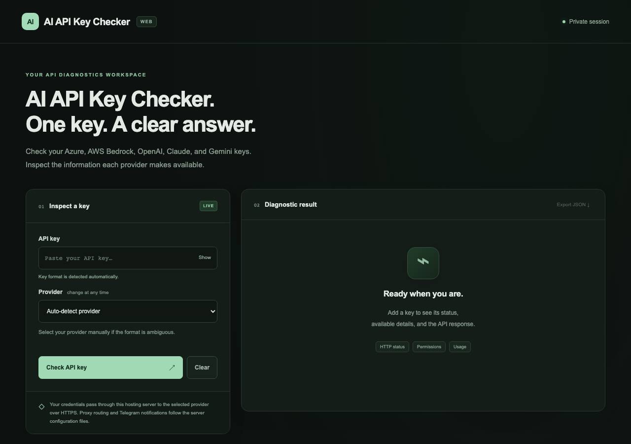 Screenshot of ai-key-checker.xyz taken by the zone census on 2026-10-15