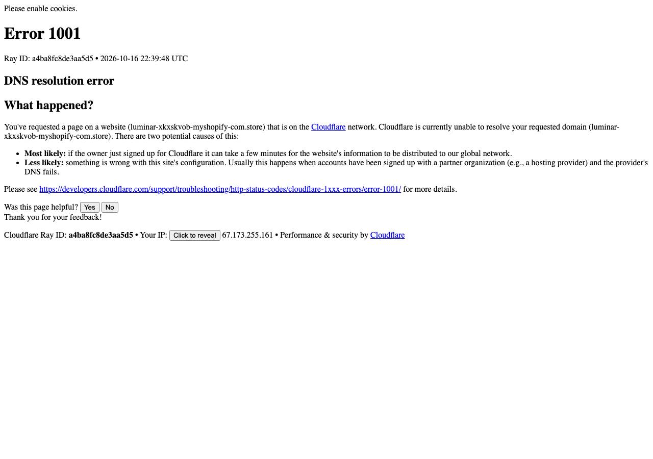 Screenshot of luminar-xkxskvob-myshopify-com.store taken by the zone census on 2026-10-16