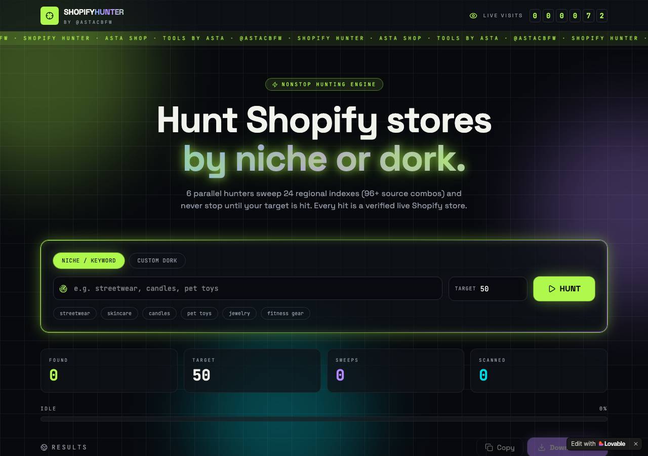 Screenshot of shopifyhunter.world taken by the zone census on 2026-10-16