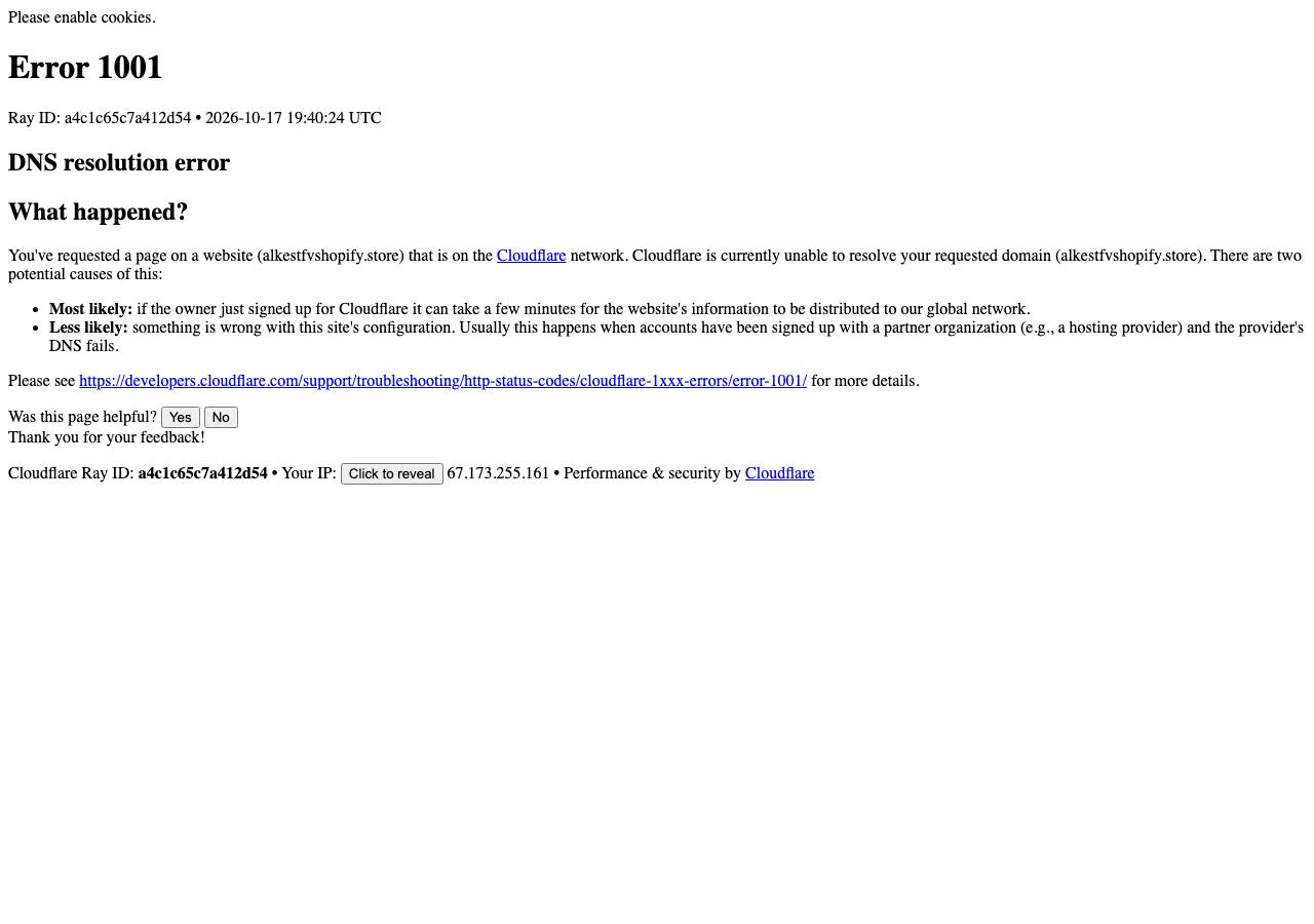 Screenshot of alkestfvshopify.store taken by the zone census on 2026-10-17