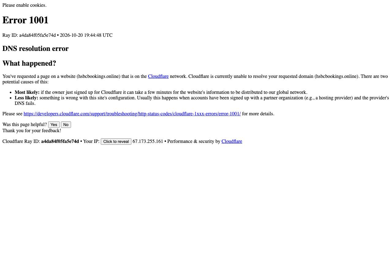 Screenshot of hsbcbookings.online taken by the zone census on 2026-10-20