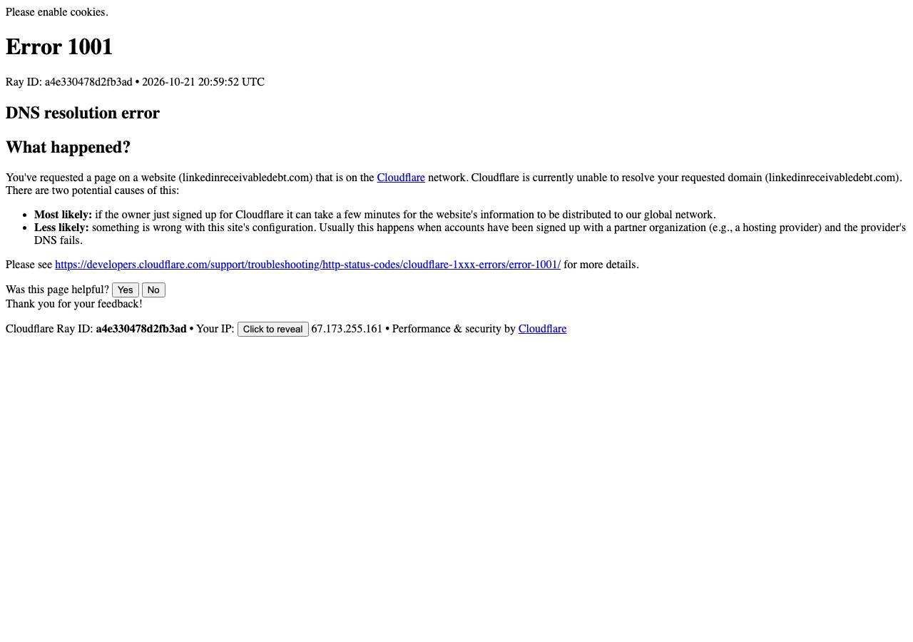 Screenshot of linkedinreceivabledebt.com taken by the zone census on 2026-10-21