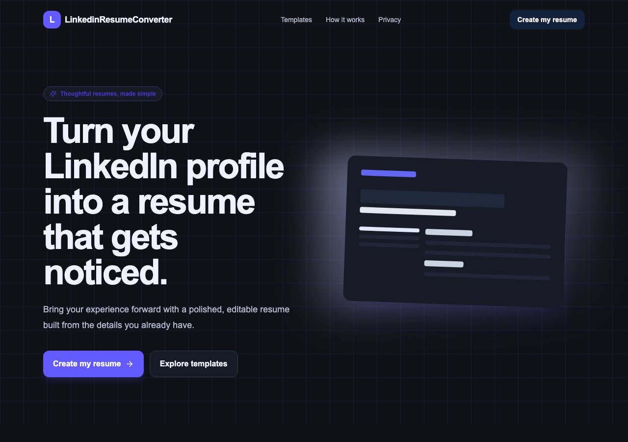 Screenshot of linkedinresumebuilder.app taken by the zone census on 2026-10-21