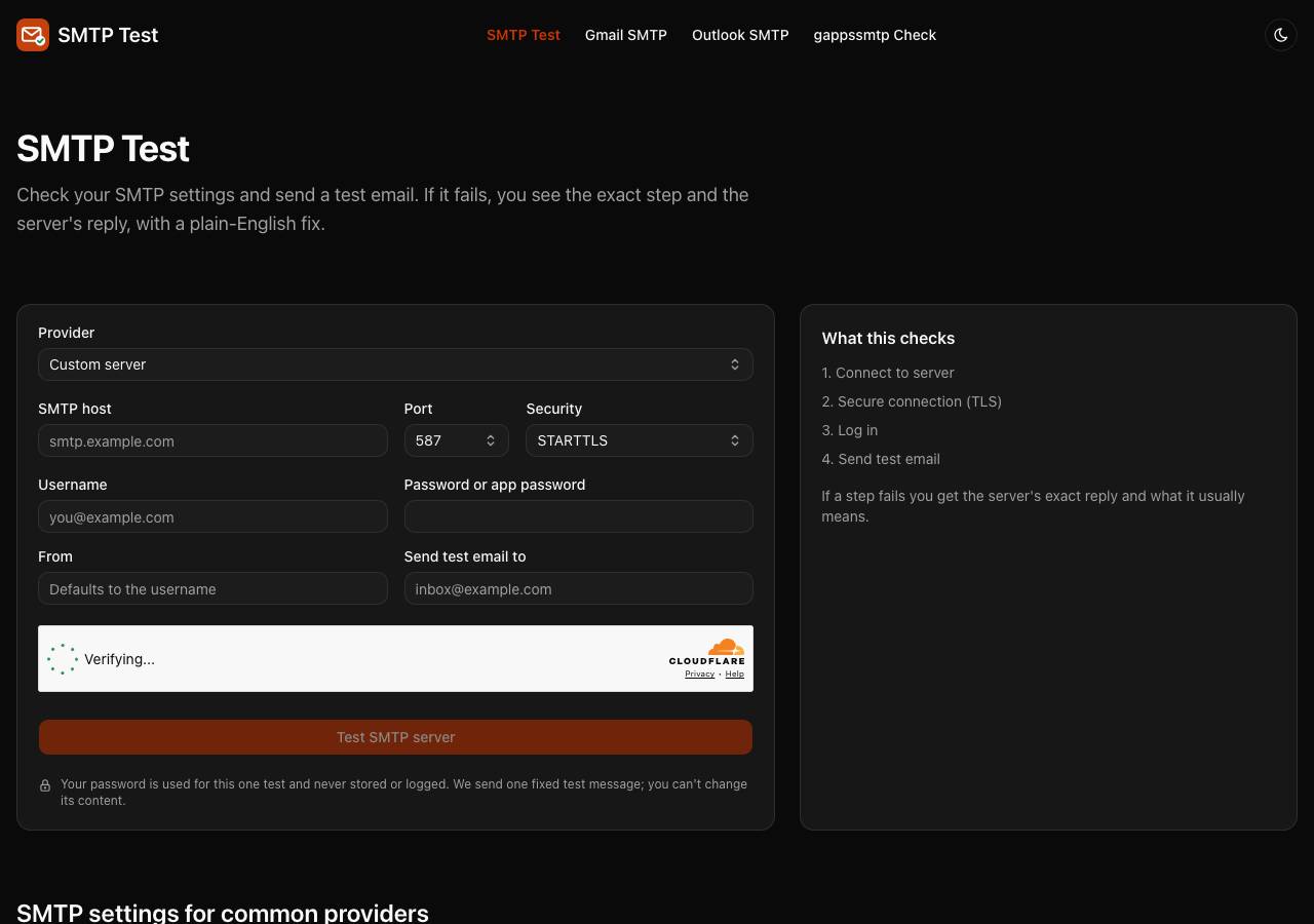 Screenshot of smtptest.dev taken by the zone census on 2026-10-21