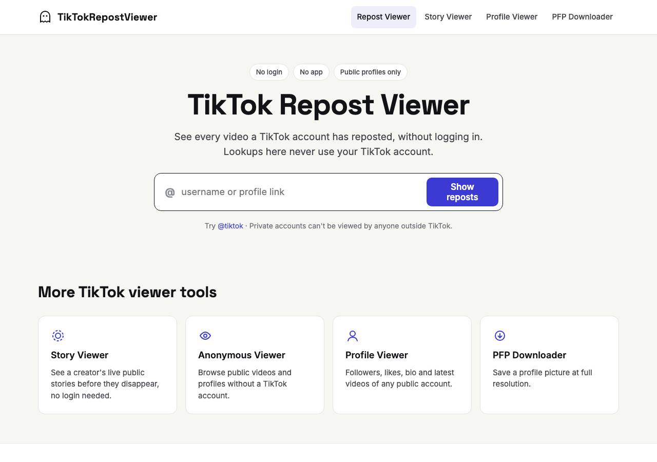 Screenshot of tiktokrepostviewer.app taken by the zone census on 2026-10-22