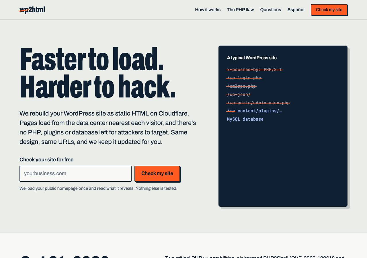 Screenshot of wordpress2html.com taken by the zone census on 2026-10-22