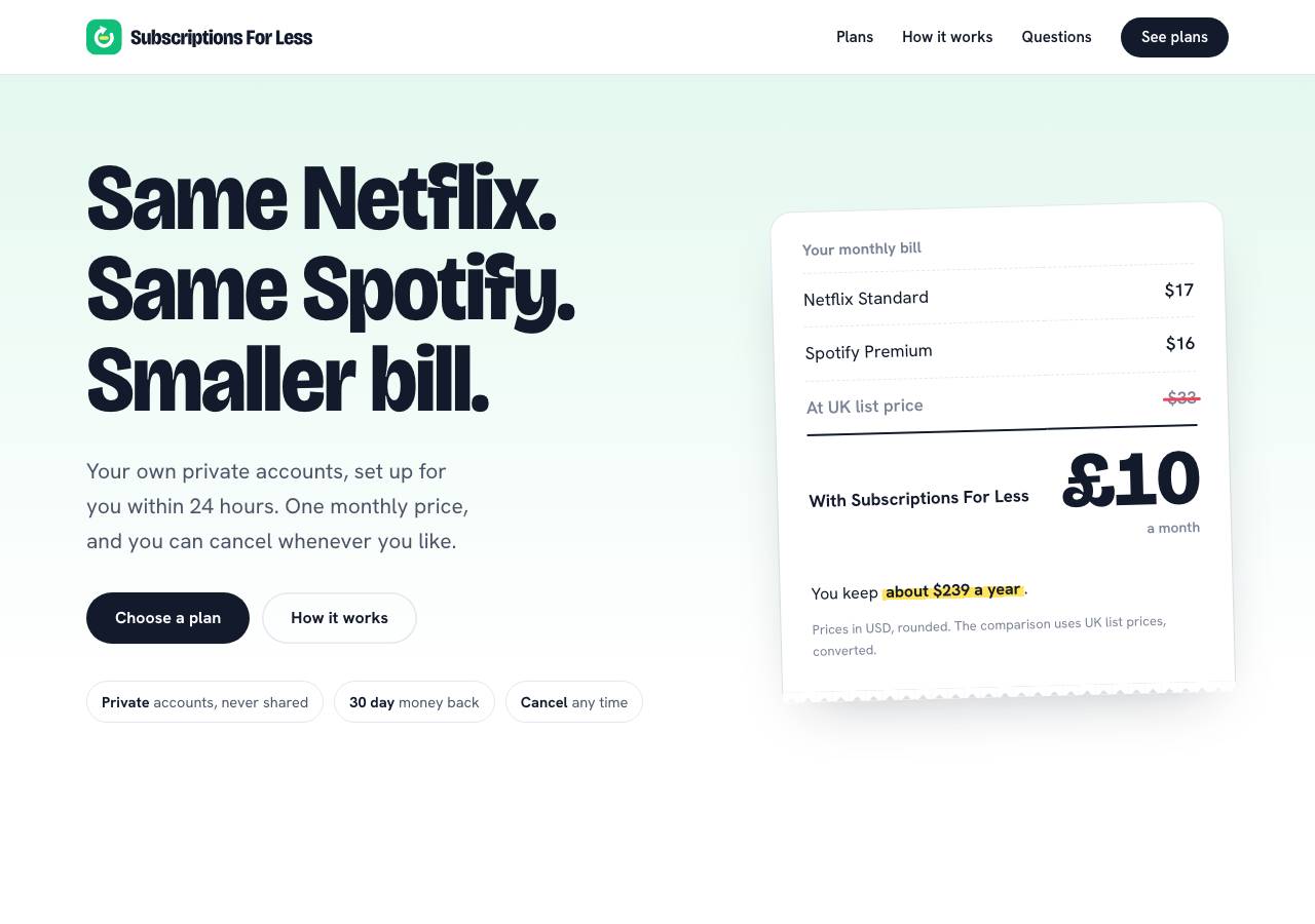 Screenshot of subscriptionsforless.com taken by the zone census on 2026-10-26