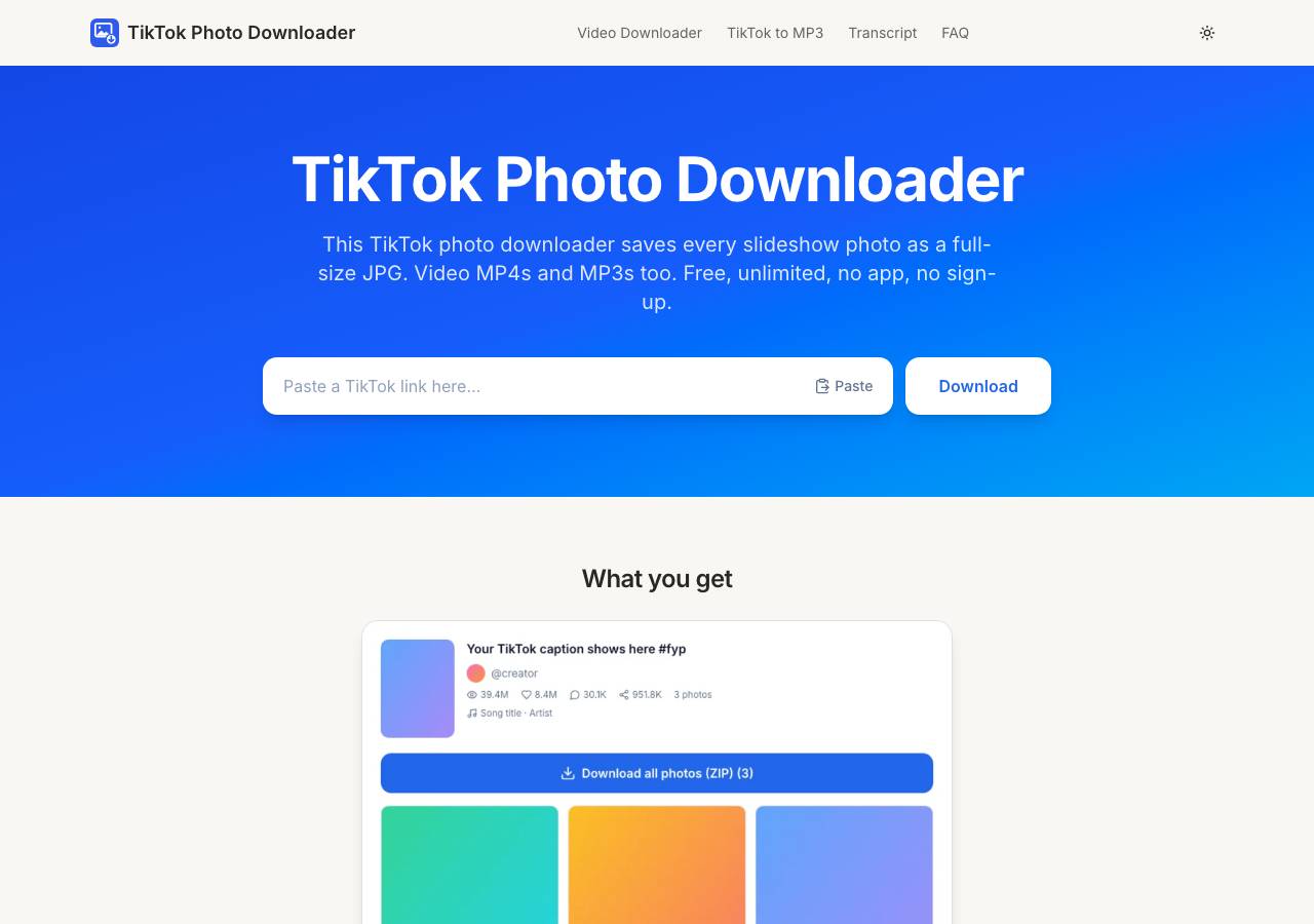Screenshot of tiktokphotodownloader.com taken by the zone census on 2026-10-26