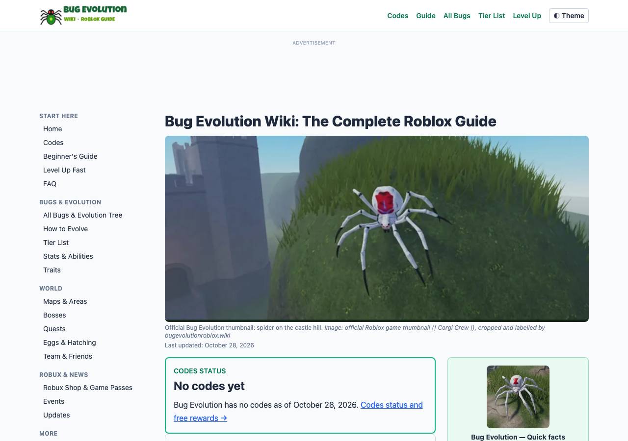 Screenshot of bugevolutionroblox.wiki taken by the zone census on 2026-10-29